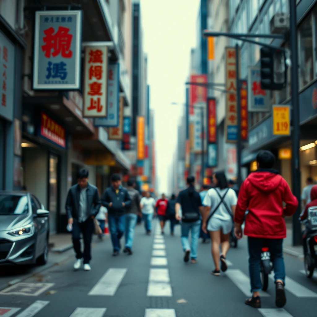 An Asian boy has deep blue skin; he walks down a busy city street with his head down. No one noticed him. Photorealistic, 8K.