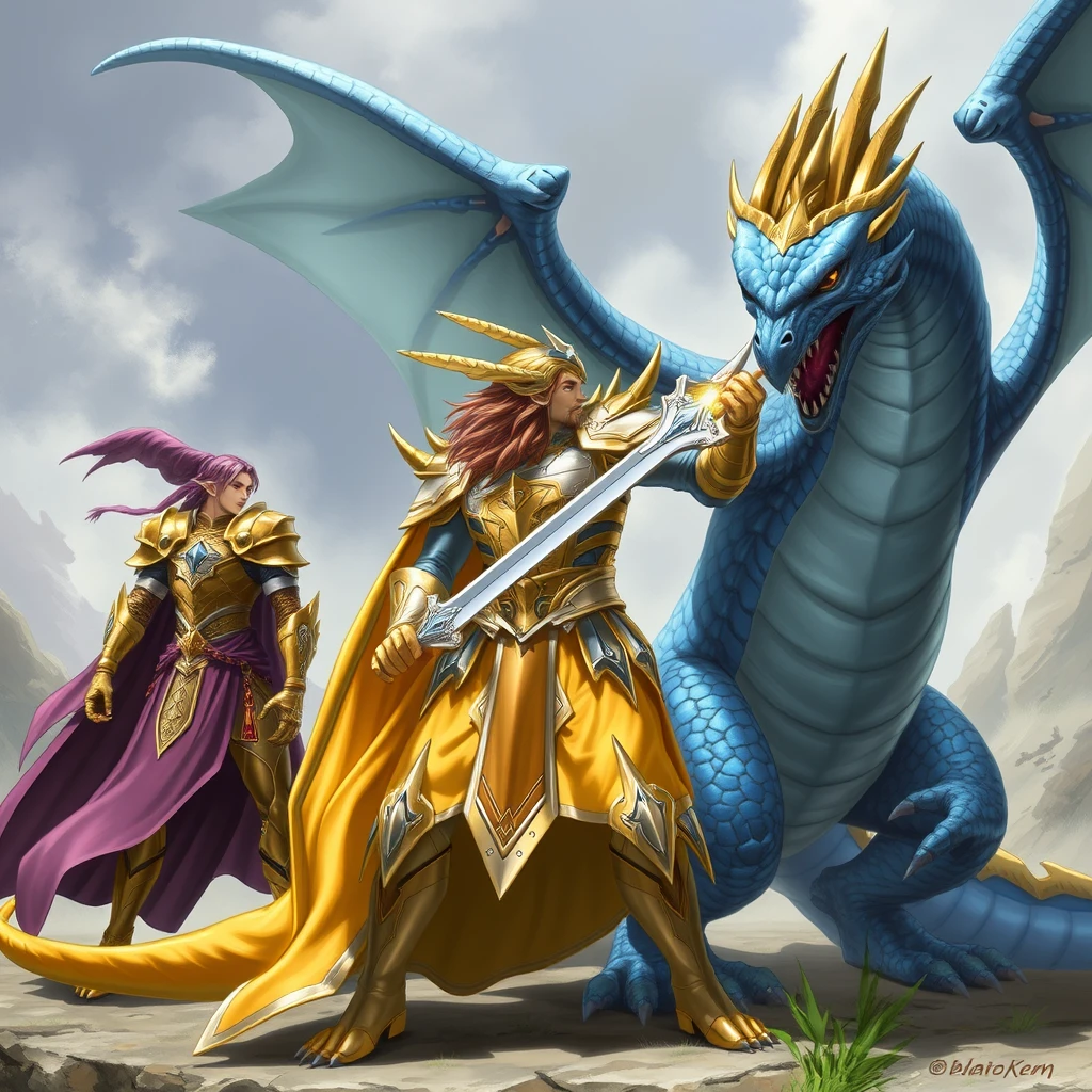 Gold and silver paladin devoted to Bahamut, the paladin doubled in size by an elf mage in a purple robe, fighting a blue dragon with scars across the dragon's body. The paladin and elf are on the left, the dragon is on the right. - Image