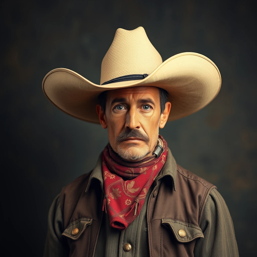 a photo realistic picture of an old west cowboy, but wearing an over-sized hat and boots - Image