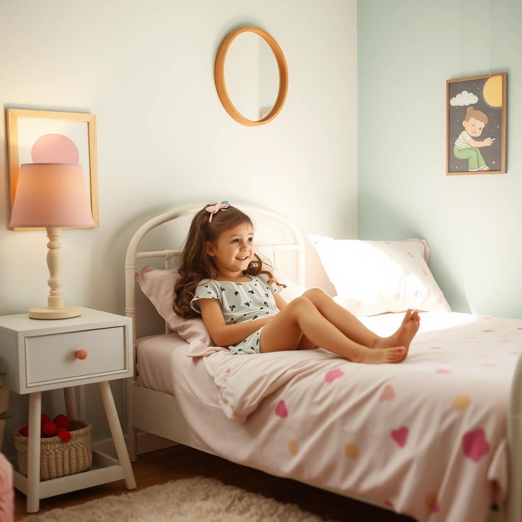 A girl's room, she is on the bed.