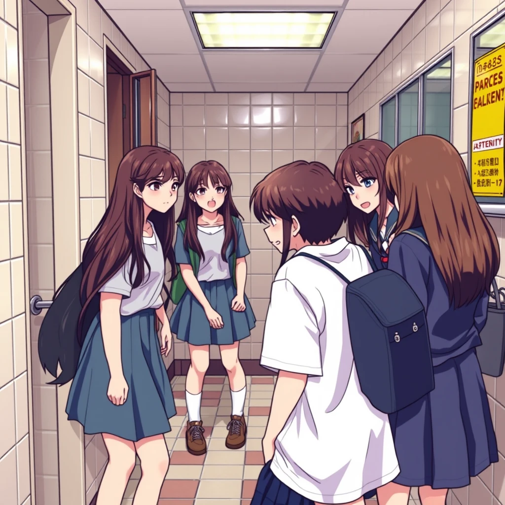 A group of beautiful girls bully a boy in the girls' bathroom at school. - Image