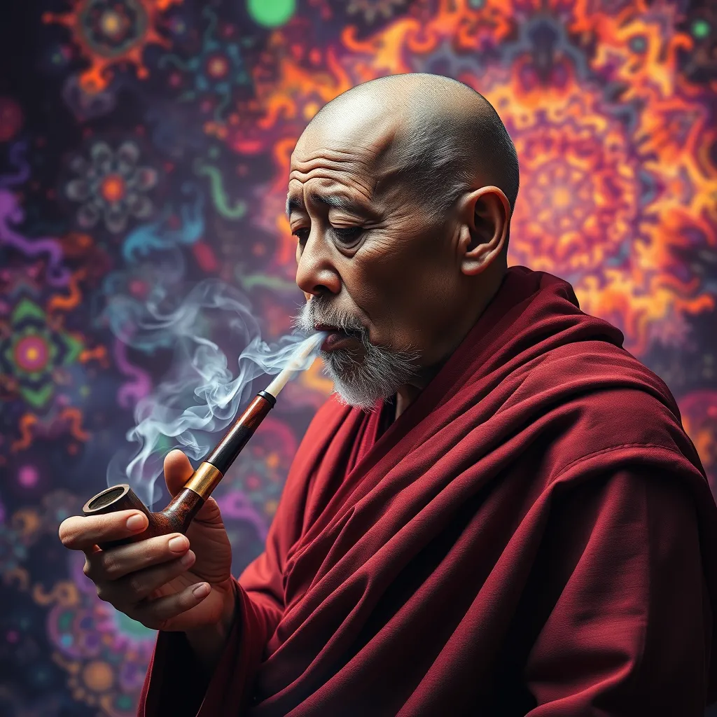 A monk smoking DMT from a pipe and breaking through to another dimension full of multicolored fractals.