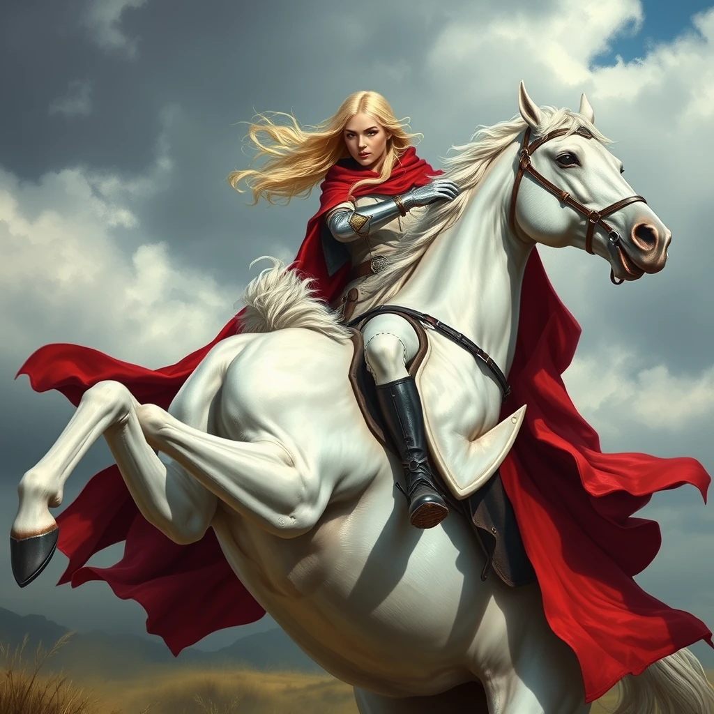 Photorealistic: Blonde fantasy heroine with a red cloak on a rearing white horse.