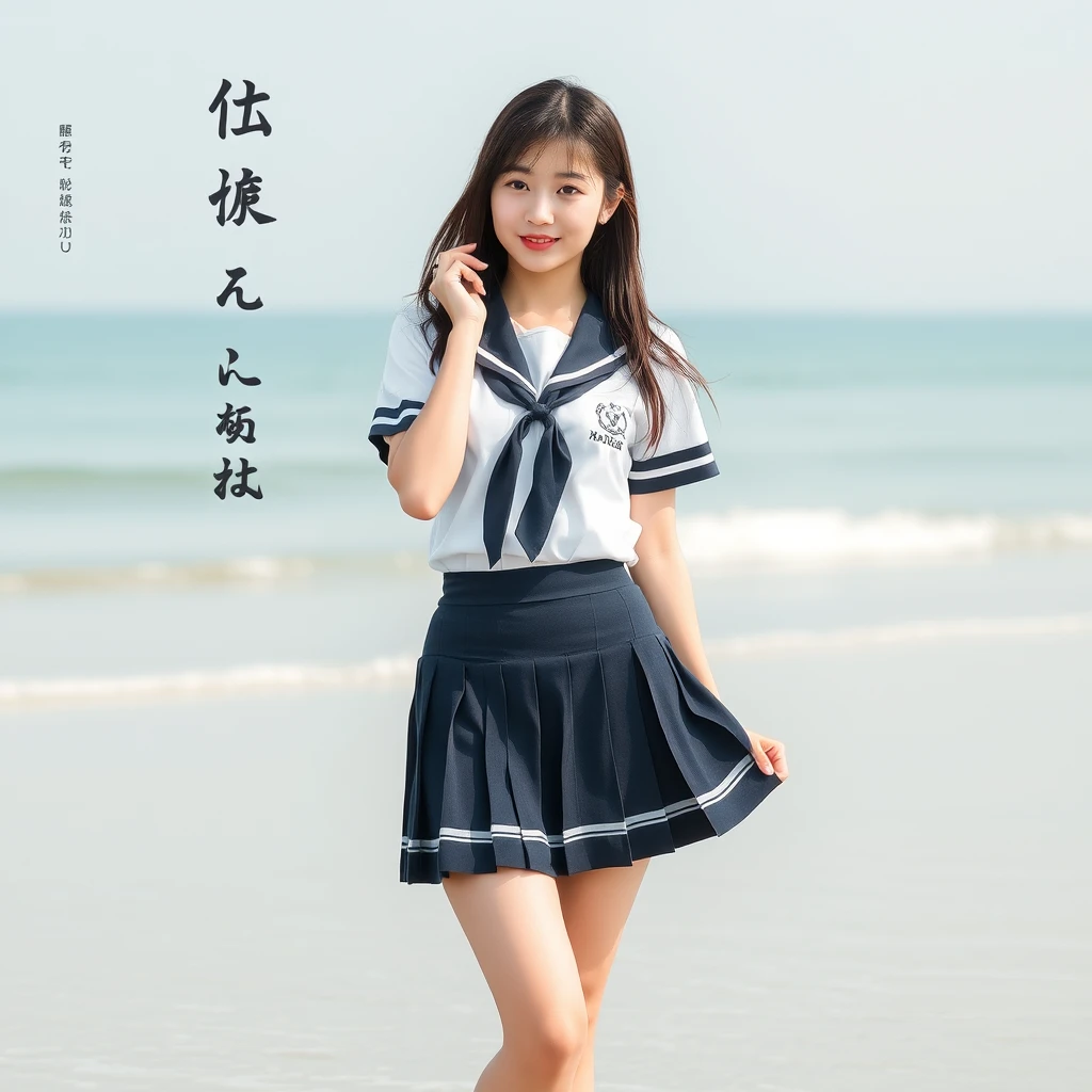 "A beautiful woman in a school uniform skirt is at the beach, with Chinese characters and Japanese. Note, you must be able to see the whole body of the woman and her legs." - Image