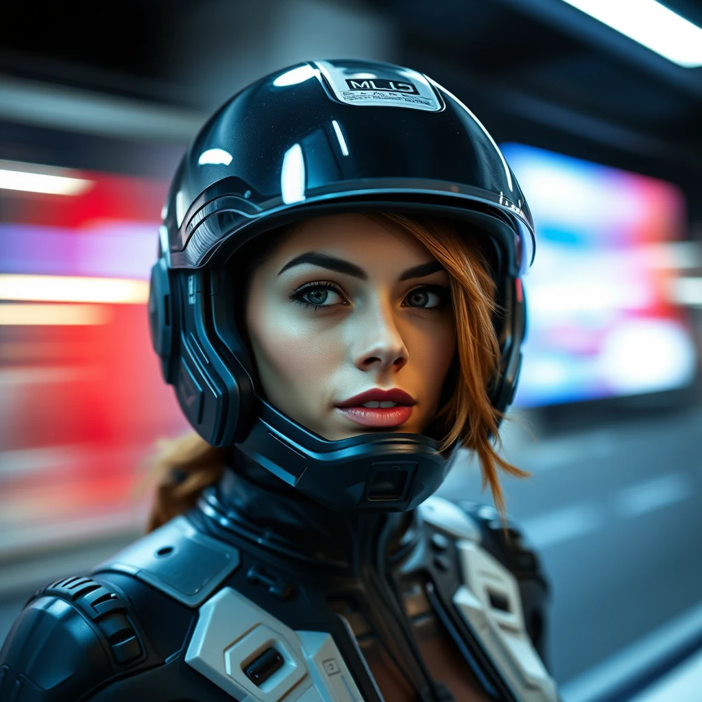 A woman in a Mass Effect helmet on her head, styled by Stuart Lippincott, photo by Arne Svenson, with motion blur and action.