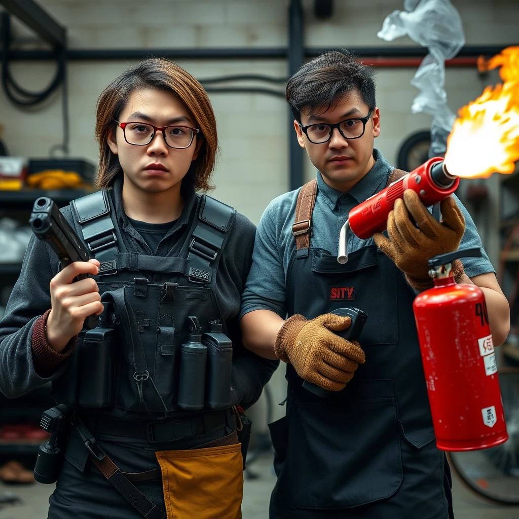 21-year-old white thin long-faced young adult northern Chinese man with a square chin, wearing square glasses, holding a pistol, with medium/long length hair, tactical chest rig; 21-year-old Caucasian Italian man wearing round glasses and short hair holding a very large fire extinguisher flamethrower, welding apron, and welding gloves; garage setting; both angry.