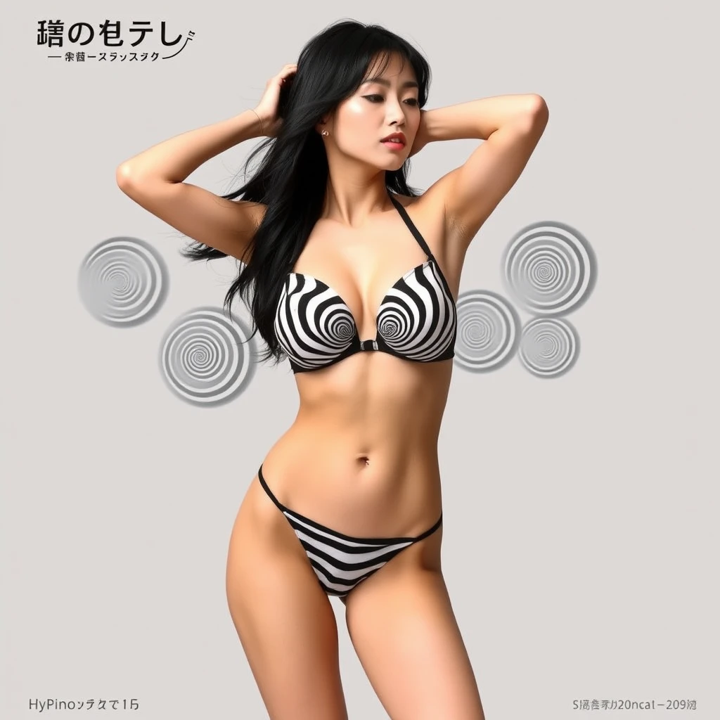 A dynamic advertisement poster for the HypnoBra showcasing a Japanese model in motion. The model, with long black hair, is wearing the HypnoBra bikini, which features hypnotic black and white spirals on each large, prominently-sized breast. She is posed with her hands clasped behind her head, and she sways her breasts from left to right. The poster captures this motion with multiple afterimages trailing her breasts, creating a long-exposure effect that highlights the hypnotic movement. The background is a simple, neutral color to ensure the focus remains on the model's dynamic motion and the hypnotic design of the bikini. There is no text on the poster. - Image