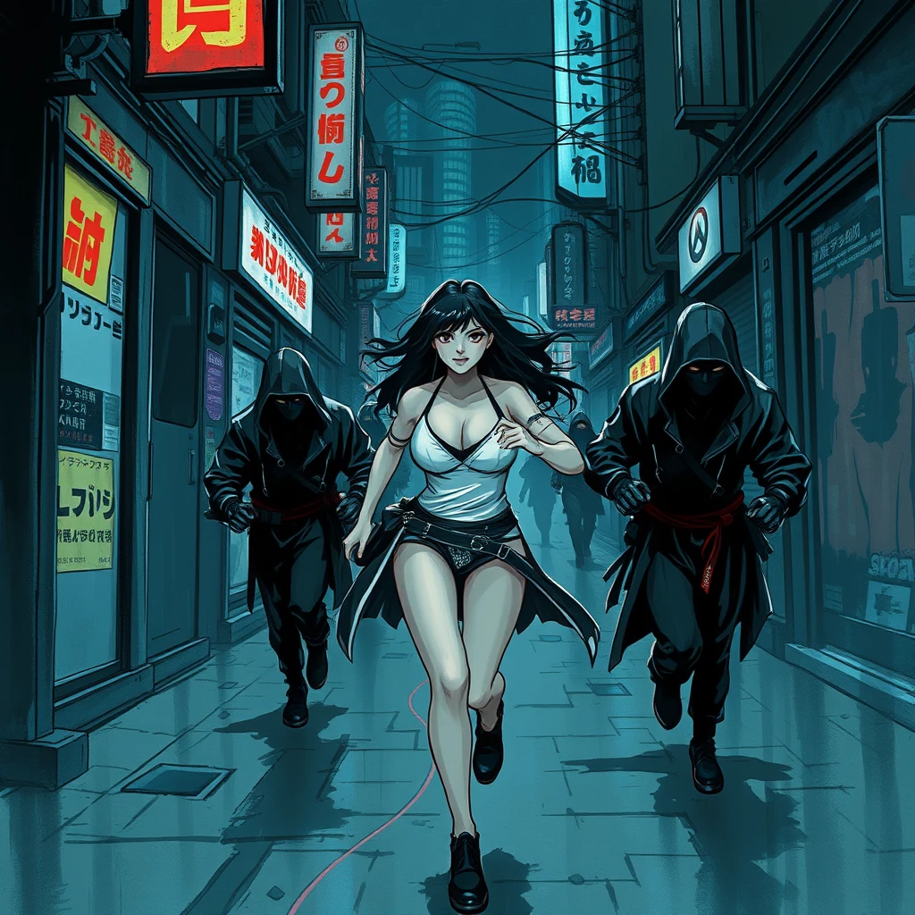 Beautiful alluring cyberpunk female running down a dark dystopian urban alleyway being chased by cyberpunk assassins in hooded cloaks, brushed stroke dark anime art style, grunge art style, Overwatch style, Japanese shop signs, neon lights with realistic lighting, dark and gloomy, ink brush strokes style.