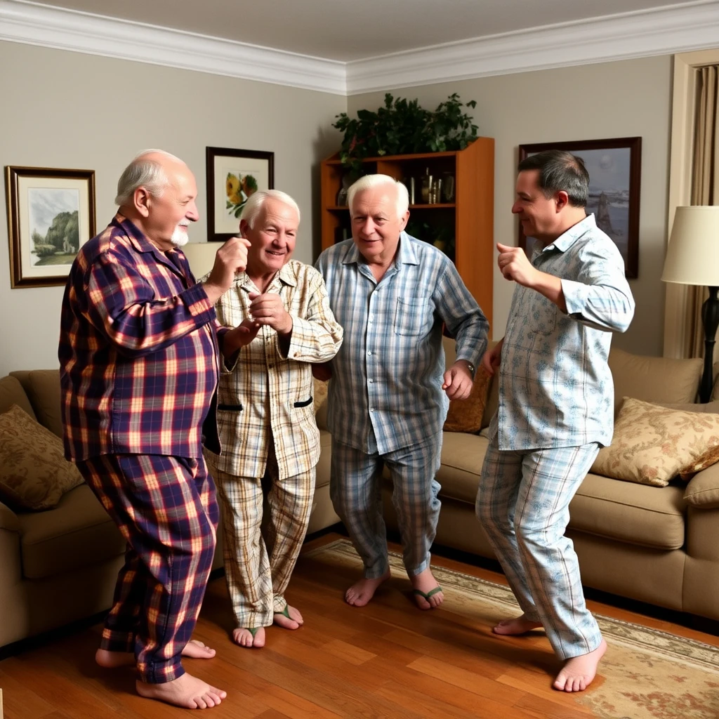 Three larger older men aged 80 in the living room wearing pajamas dancing with three 30-year-old men.