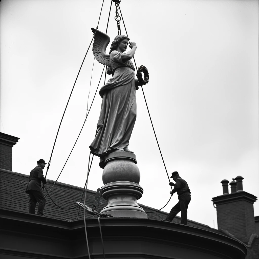 A highly detailed photograph depicting some men removing an 8' tall statue of 'Victory' playing an angel horn, holding a wreath in her left hand, standing on a small globe, from the roof of The 'Theatre Royal' in Chatham, 1940. It's a dark and dismal day.