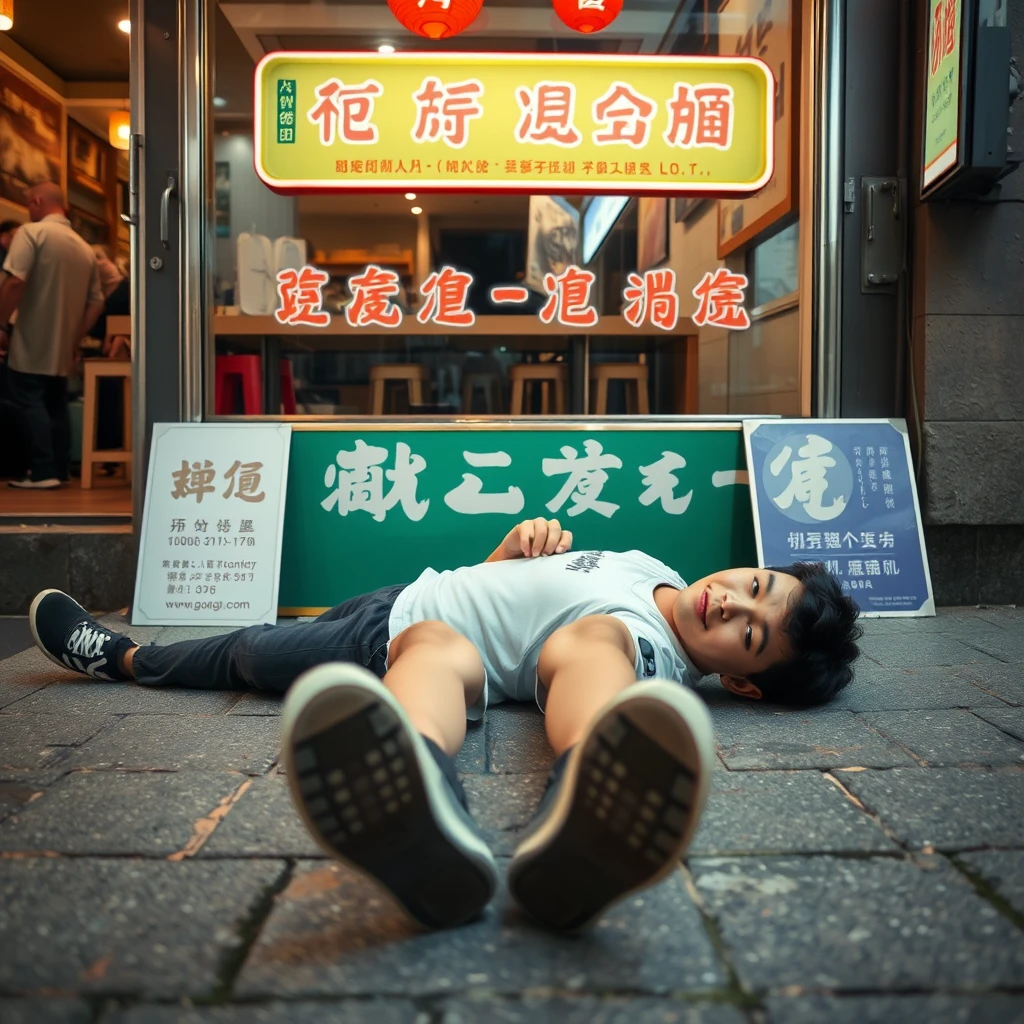 A young man is lying on the ground outside a restaurant, with Chinese characters, and his shoes are visible. - Image