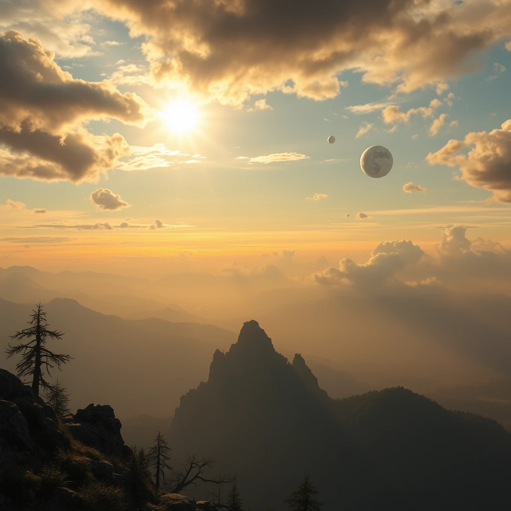 A scene looking from the top of a mountain over a fantasy setting. In the sky is a mix of dawn and twilight, with bright shards of the sun and chunks of the moon scattered across the sky from a celestial collision that occurred many millennia ago. - Image