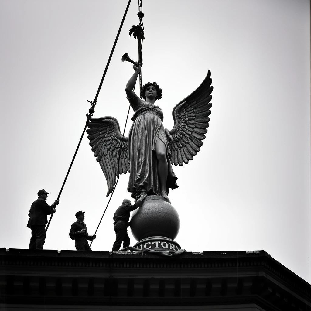 A highly detailed photograph depicting some men removing an 8' tall statue of 'Victory' playing an angel horn, standing on a small globe, from the roof of 'The Theatre Royal' in Chatham, 1940. It's raining and a dark and dismal day. - Image