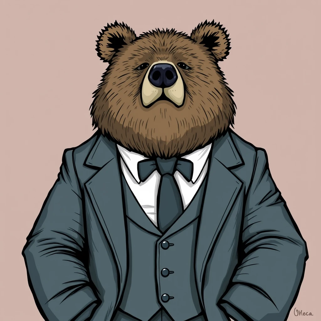 A chubby hairy bear in a suit, handsome but bottomless.  - Image