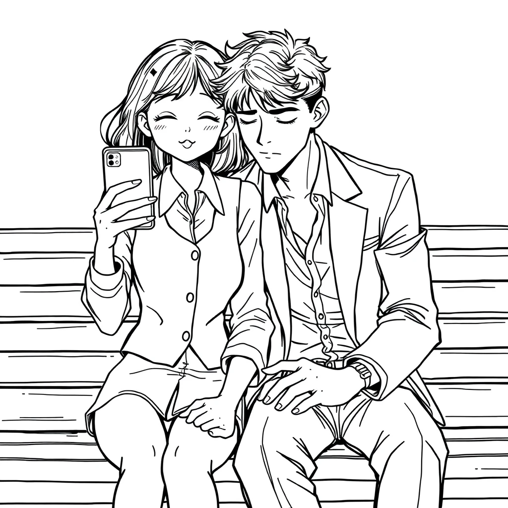 A girl in a shirt and vest took a selfie with her phone, a boy leaned on her shoulder, the boy is tall and handsome, wearing an open suit, he closed his eyes and is sleeping, and they sat on a bench with their hands intertwined. Line art.