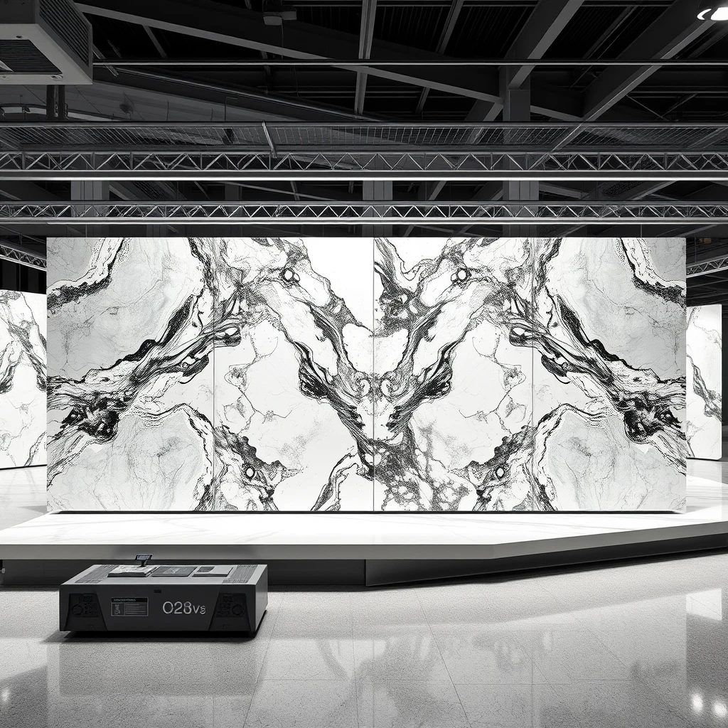 Please show an animation of a smart, stylish automated display system that can hold large 4-meter-sized polished marble panels, such that the marble panels can be carried to the display arena using a combination of overhead rails and AGVs, and upon arrival, automatically arrange into an L-shaped bookmatch format for the best viewing experience.