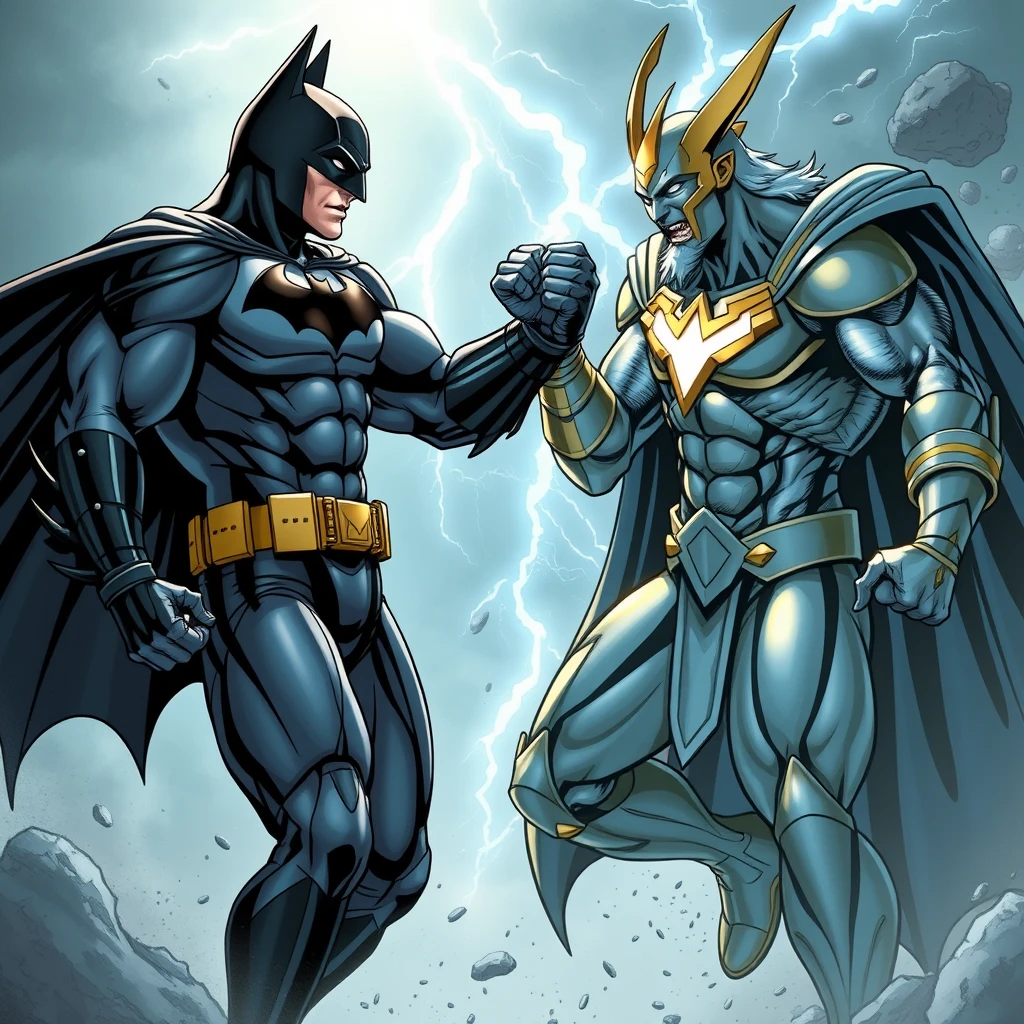 A superhero wearing a batsuit is fist fighting with another superhero, the god of thunder. - Image