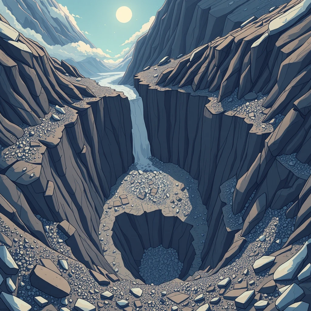 Cartoon style, minimalism, Japanese animation, high-definition 4k, rich details, pits, holes, earthquakes, ground fissures, landslides, the end of the world, natural disasters, mountains, gravel, mountains blown to pieces, looking down.