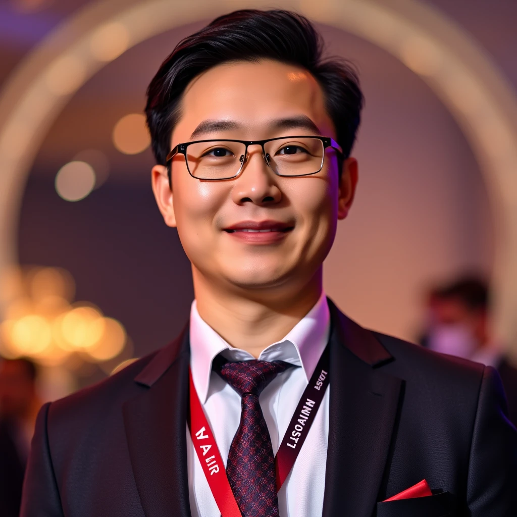 Generate a realistic photo of a Chinese male insurance agent from AIA. Having perfect eyesight. 35 years old posing for his full body portrait photo In 2023 annual award presentation night receiving his MDRT recognition.