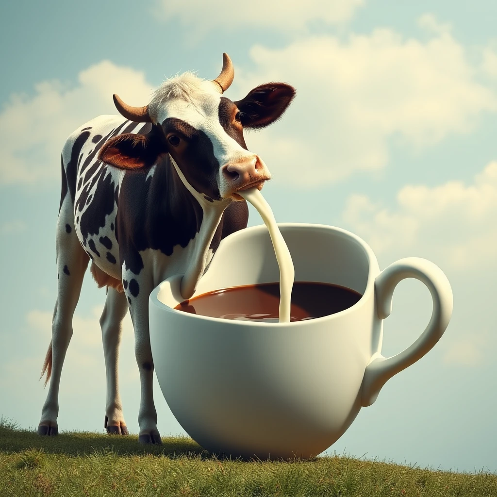 a cow pouring milk into a giant coffee cup - Image