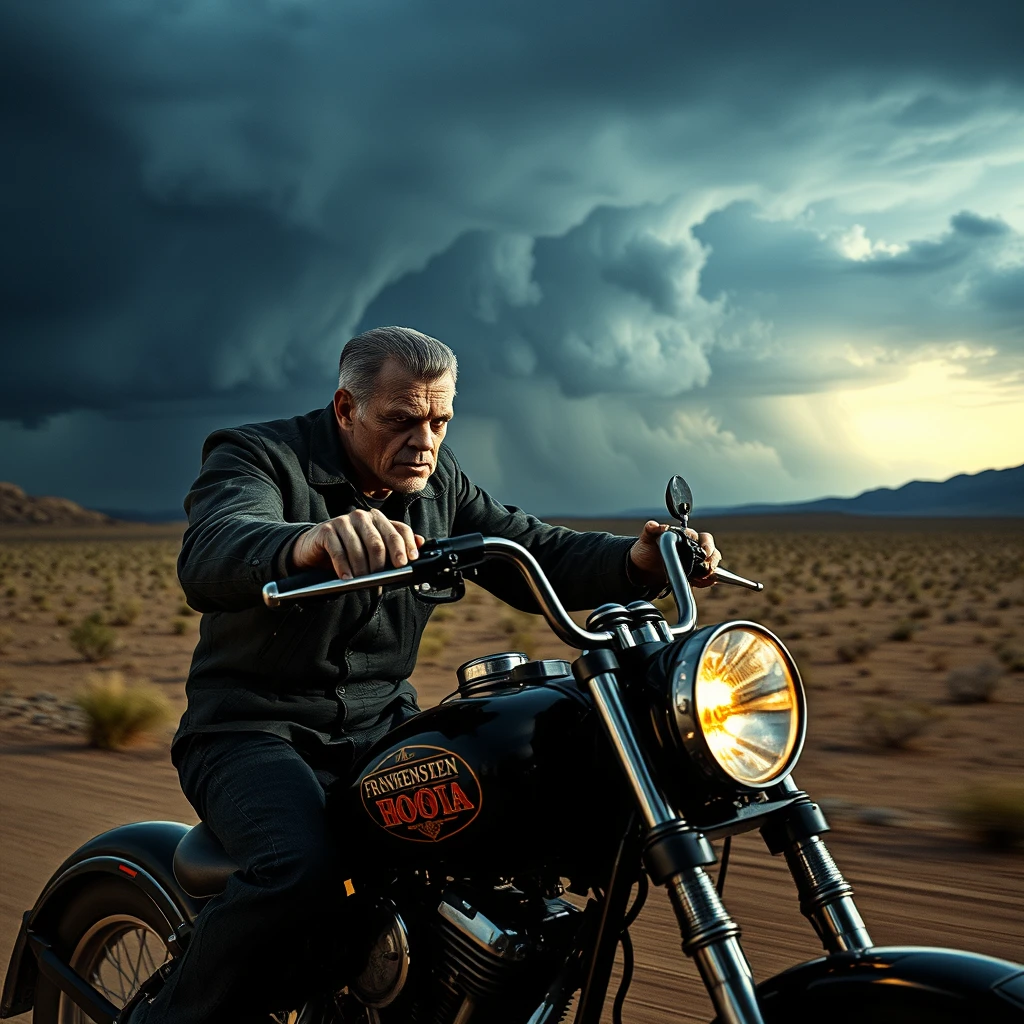 Boris Karloff as Frankenstein with short hair, riding his chopper, a storm is approaching across the desert, photo-realistic, aggressive, 4k.