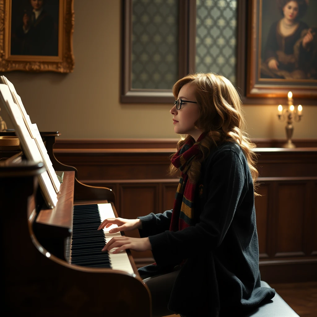 "Photorealistic: Hermione Granger sings, at the piano Harry Potter."