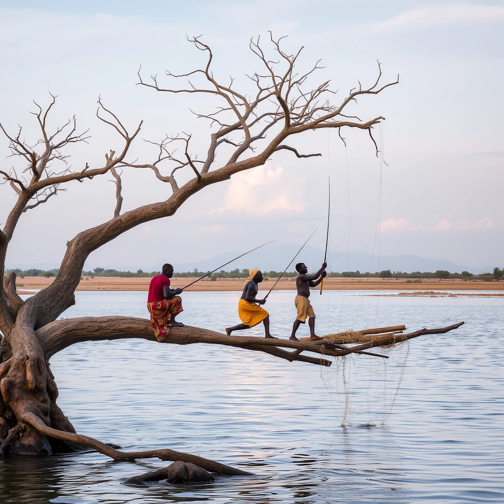 Africans fishing from a tree