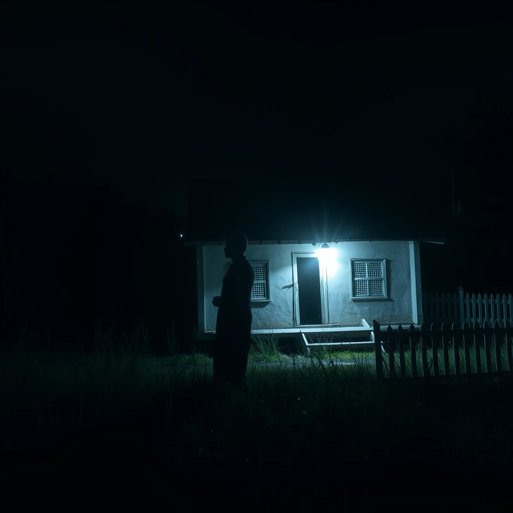 Mysterious figure lurking near an abandoned old Javanese Traditional Joglo house, without electricity, pitch dark ambience under the dark night, someone shines a powerful incandescent flashlight towards the old Javanese Traditional Gebyok house, dramatic shadows, suspenseful mood, cinematic style, neglected yard with tall grass and a white picket fence, 4k --ar 4:3