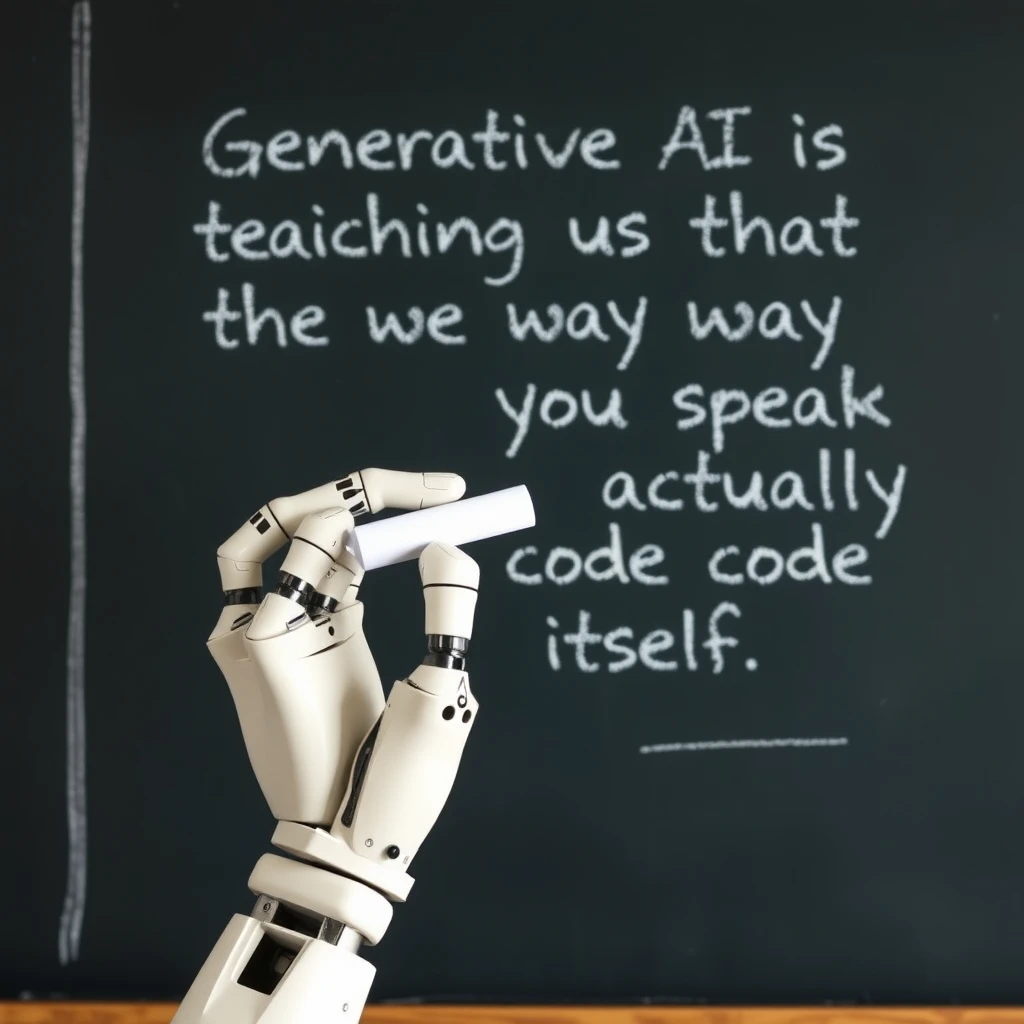 A robotic hand holding a piece of chalk writing with that piece of chalk on a chalkboard with writing on it that says “Generative AI is teaching us that the way you speak is actually code itself” – Lisa Huang, classroom style chalkboard. - Image