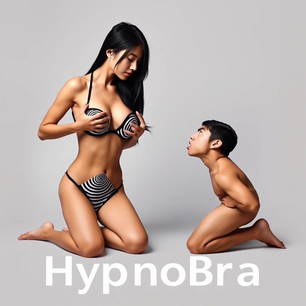 A striking advertisement poster for the HypnoBra featuring a direct face-to-face interaction between a Japanese model and a Caucasian man. The poster shows the Japanese model with long black hair, wearing the HypnoBra bikini, which has hypnotic black and white spirals on each breast. She is posed with her hands cupping her breasts to highlight the spiral design. Directly in front of her, a Caucasian man is kneeling and facing her, completely hypnotized by the design. His eyes are wide, his mouth slightly open, and he is drooling slightly, clearly showing his deep fascination. The background is a simple, neutral color to keep the focus on their interaction, with no text on the poster.