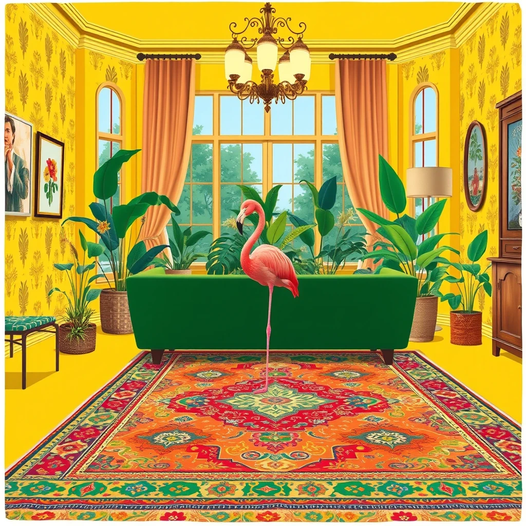 A maximalist illustration from a rear-side view showing a flamingo sitting on a green couch angled towards the back corner of a yellow living room. The couch’s orientation allows a view of the room’s decorative wallpaper, unique lighting elements, and colorful Persian rug from an uncommon angle. Large windows with velvet curtains and various tropical plants are visible, creating a vibrant and full atmosphere.