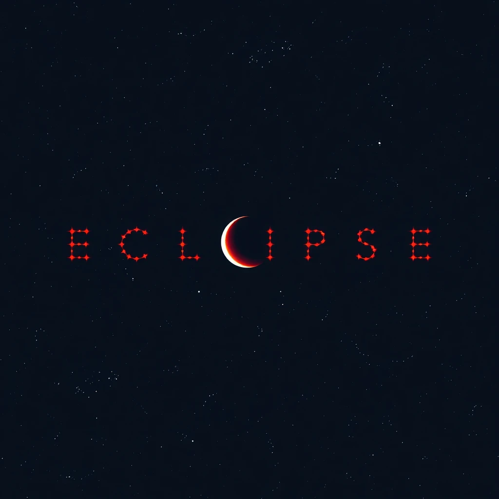 Subject: A night sky during a lunar eclipse with the stars forming the word "ECLIPSE".
Stars: The stars are arranged to clearly spell out the word "ECLIPSE" in a stylized font. The stars themselves should have a slight reddish hue due to the eclipse.
Moon: The moon is partially obscured by the Earth's shadow, creating the characteristic reddish glow of a lunar eclipse.
Background: The rest of the night sky is a deep, dark blue, studded with countless twinkling stars.
Style: Realistic, with a focus on the astronomical accuracy of the eclipse and the star formation. - Image