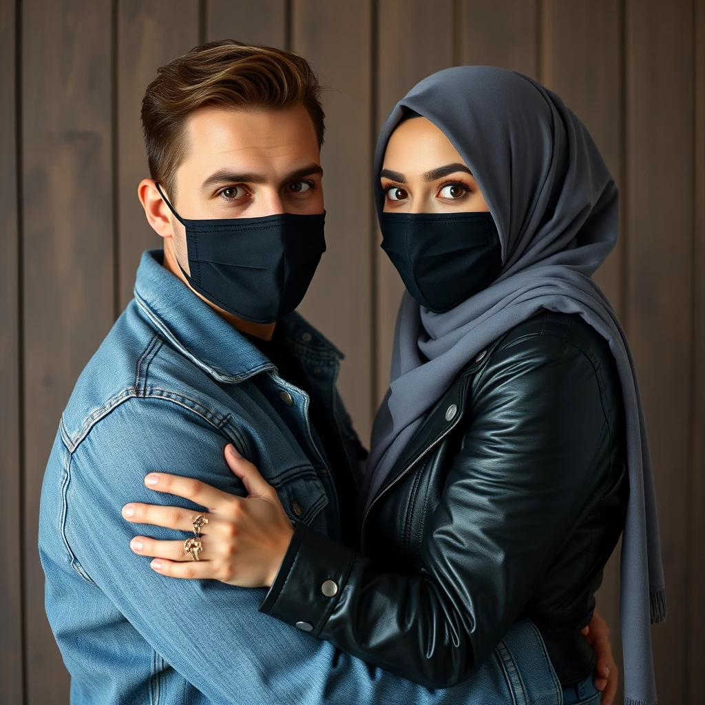 Jamie Dornan's head and body shot, handsome, black face mask, denim jacket, jeans, dating, loving couple, hugging, with the biggest grey hijab Muslim girl, beautiful eyes, black face mask, black leather jacket, hyper-realistic, studio photography, wooden wall.