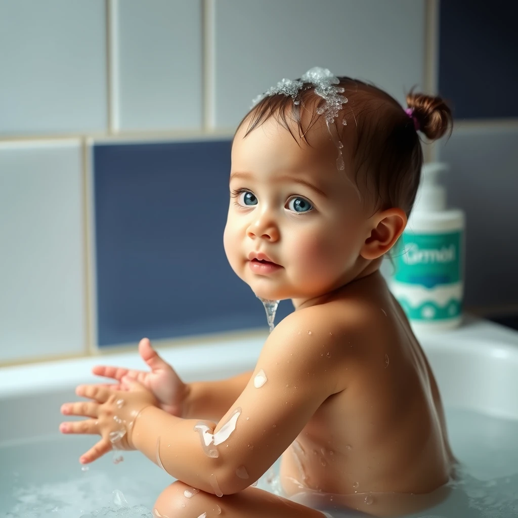 toddler girl taking bath