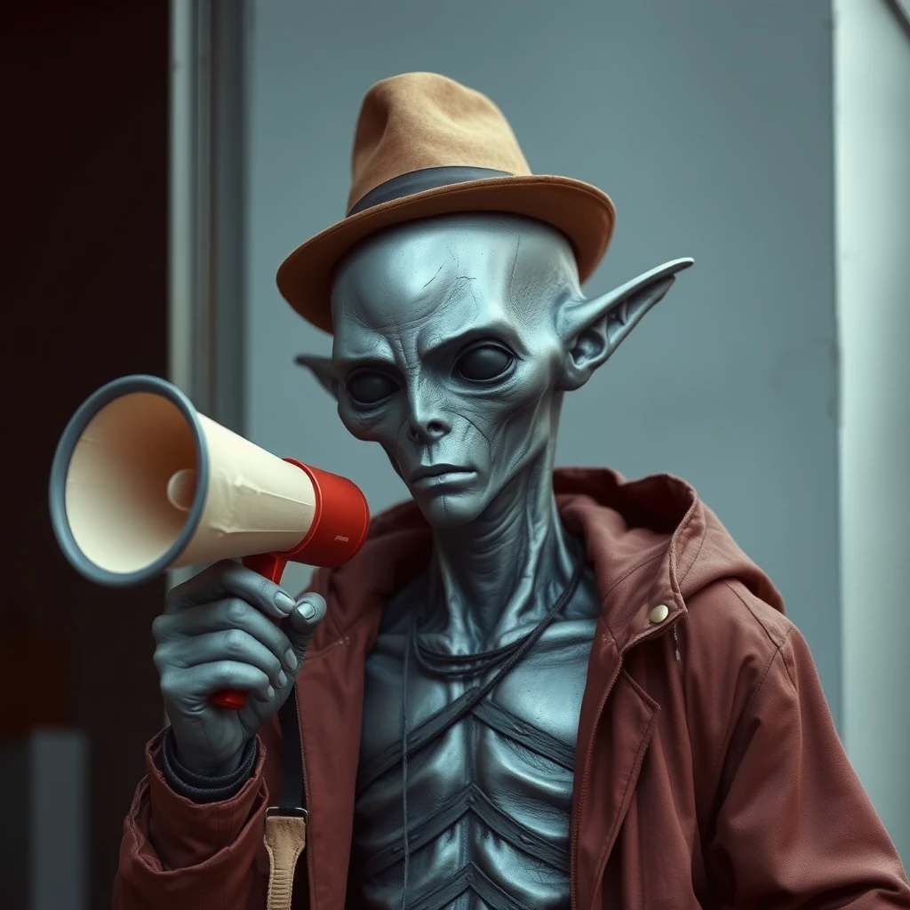 A changeling stood there, its skin smooth and metallic, the color of an oil slick, with no nose or mouth on its face, and lacking eyes and ears. Its empty, smooth face was alien yet humanoid; it would be mistaken for a mannequin if it weren't moving around and wearing a hat, wielding a megaphone made of paper at passersby. - Image