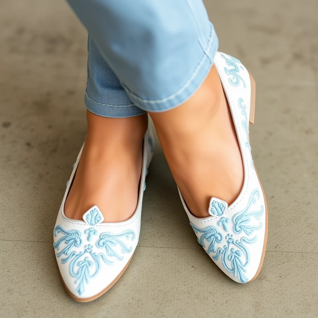 white flat pumps embroidered with detailed light blue pattern,