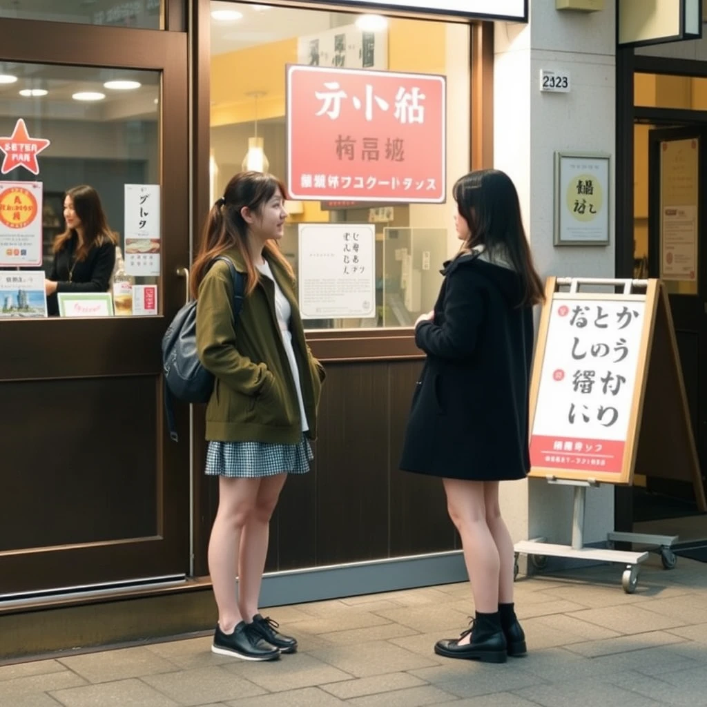 Two young women are chatting outside a restaurant, and their shoes are visible. There is a sign outside the restaurant, and the words on the sign can be clearly seen; they are in Japanese.