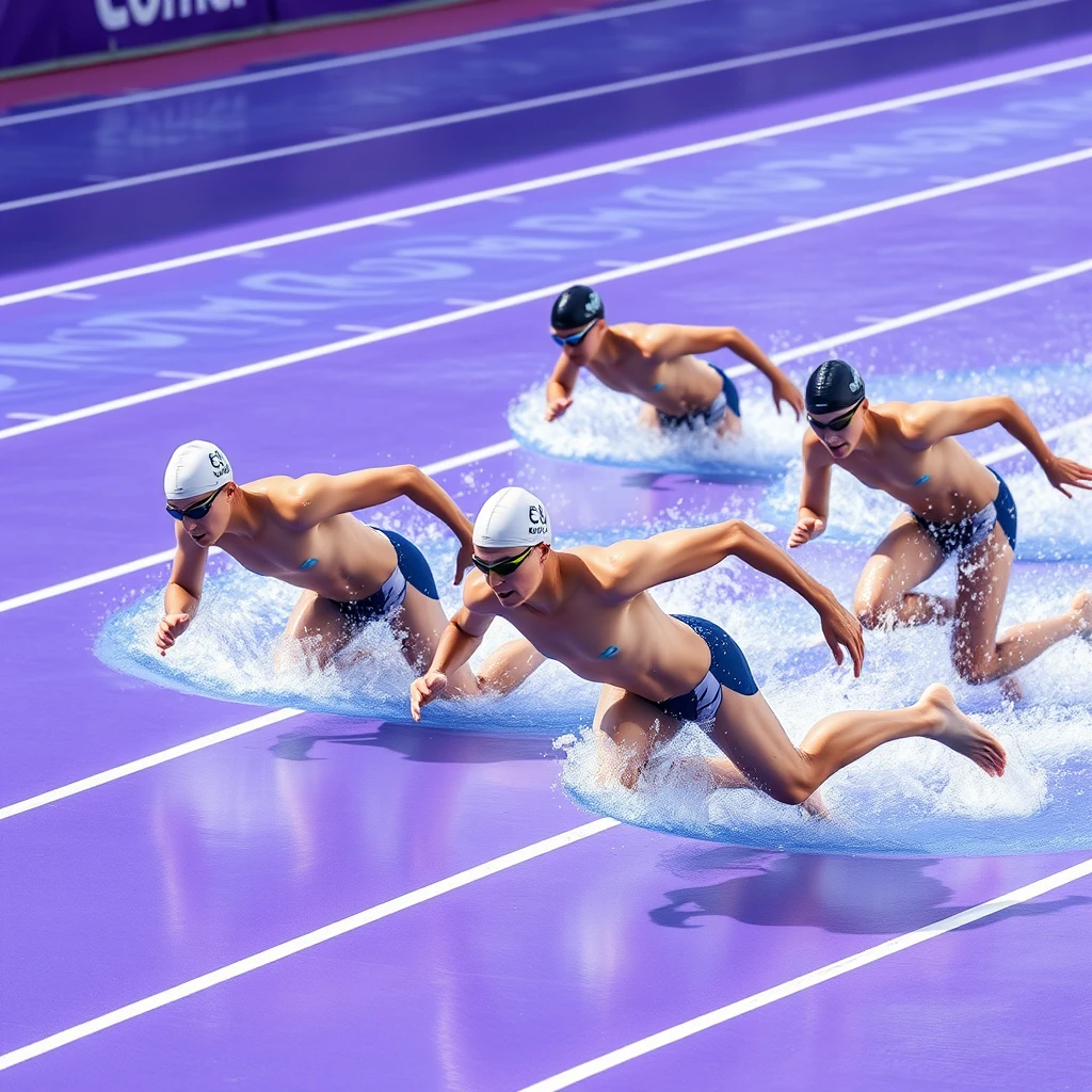 Olympic swimmers running a 100m race on a purple track, no water.