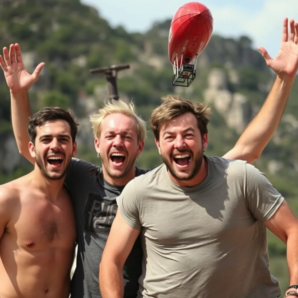 Four male friends having extreme fun in Pals, Catalonia. One has a zeppelin for a head.