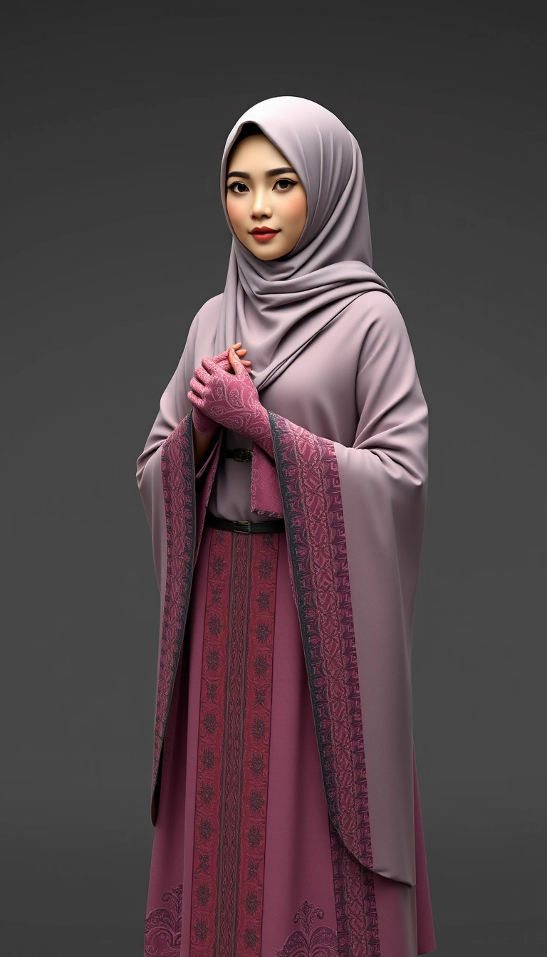 A 3D, 8k depiction of a Muslim woman from Palembang, wearing a traditional long songket and a long gown (gamis). She is adorned with a hijab that covers her chest and wears batik gloves covering her hands. - Image