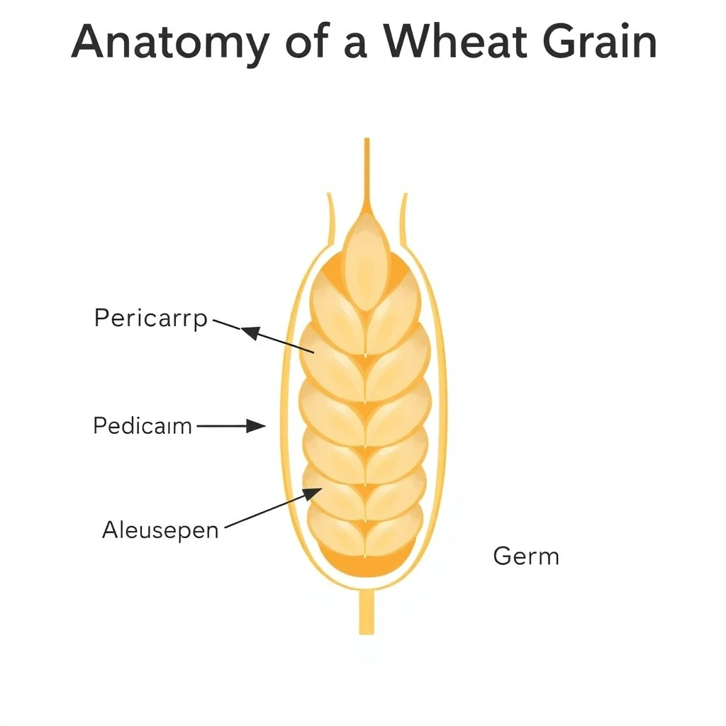 Simplified technical illustration of a wheat grain in cross-section. White background, clean style. Enlarged grain, clearly detailing:

Pericarp (outer layer)  
Aleurone layer  
Endosperm (starchy part)  
Germ  
Each part labeled with arrows. Pastel colors to differentiate areas. Title at the top: 'Anatomy of a Wheat Grain'. Approximate scale indicated. - Image