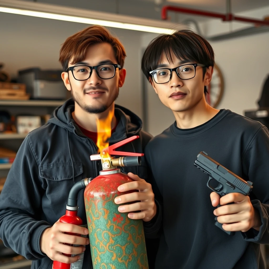 2-person set, 2 men, both are 21 years old, 1 Italian/Caucasian man, 1 Northern Chinese man, they are together in a garage setting. The first one has round prescription glasses, short brown hair, and is holding a very large fire extinguisher flamethrower. The second one has a thin long face, wears square prescription glasses, has mid to long fringe hair, and is holding a pistol.