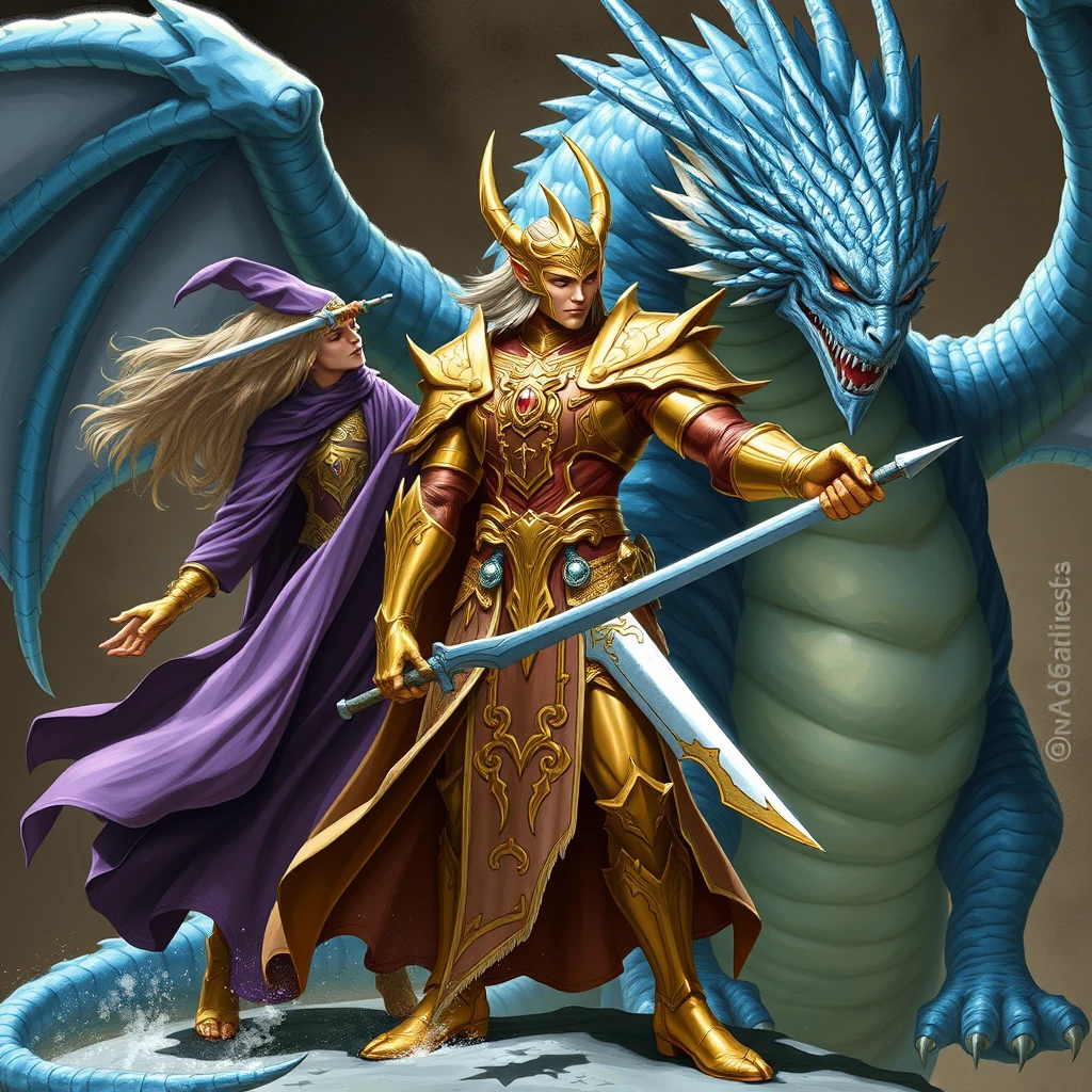 Gold and silver paladin devoted to Bahamut, the paladin doubled in size by an elf mage in a purple robe, fighting a blue dragon, scars across the dragon's body, the paladin and elf on the left, the dragon on the right.