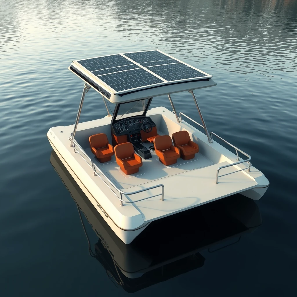 Smart Indian styled design of an open hydrodynamic, short, squarish, compact Catamaran boat with 6 seats, with subtle safety rails, in a calm lake in Kashmir, the platform powered by batteries and thruster pods, with joystick controls on the dashboard, carrying a foldable hard roof with the solar panels over it. - Image