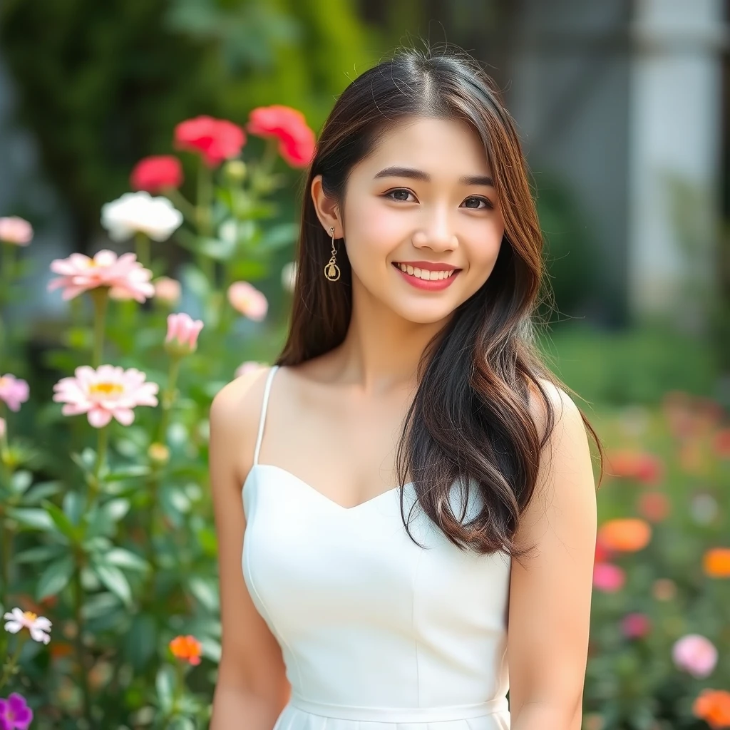 Photography, 1 Chinese girl, 18 years old, fashion, white dress, smile, in garden, flower.