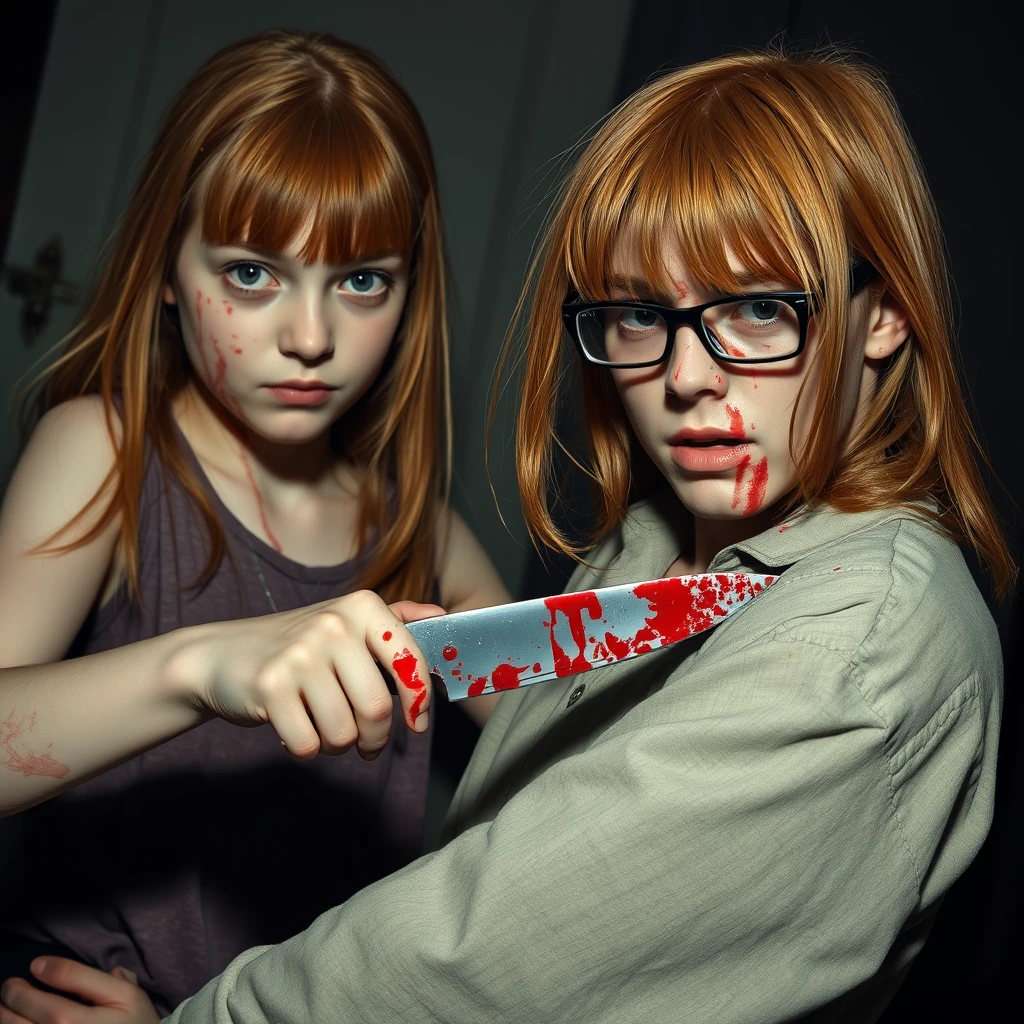 A horror scene; a short, skinny teenage girl with long ginger hair and bangs, green eyes, holding a knife and cutting a tall young Italian white guy who is wearing glasses and covered in blood. - Image