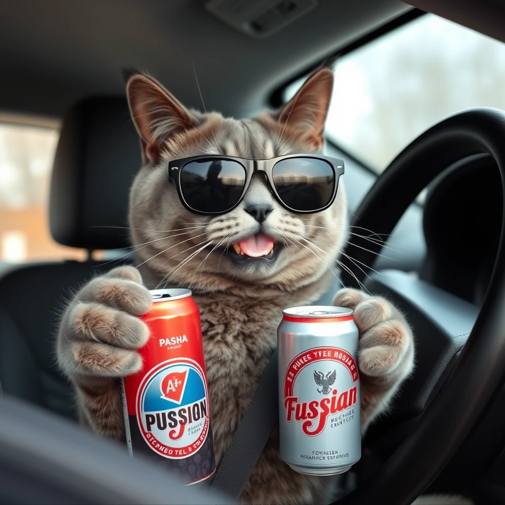 The cat is sitting behind the wheel and holding a can of beer in his hand. And sometimes drinking it. It's a Russian cat. He is a grey cat. His name is Pasha. He has an evil face. He is wearing big black sunglasses. - Image