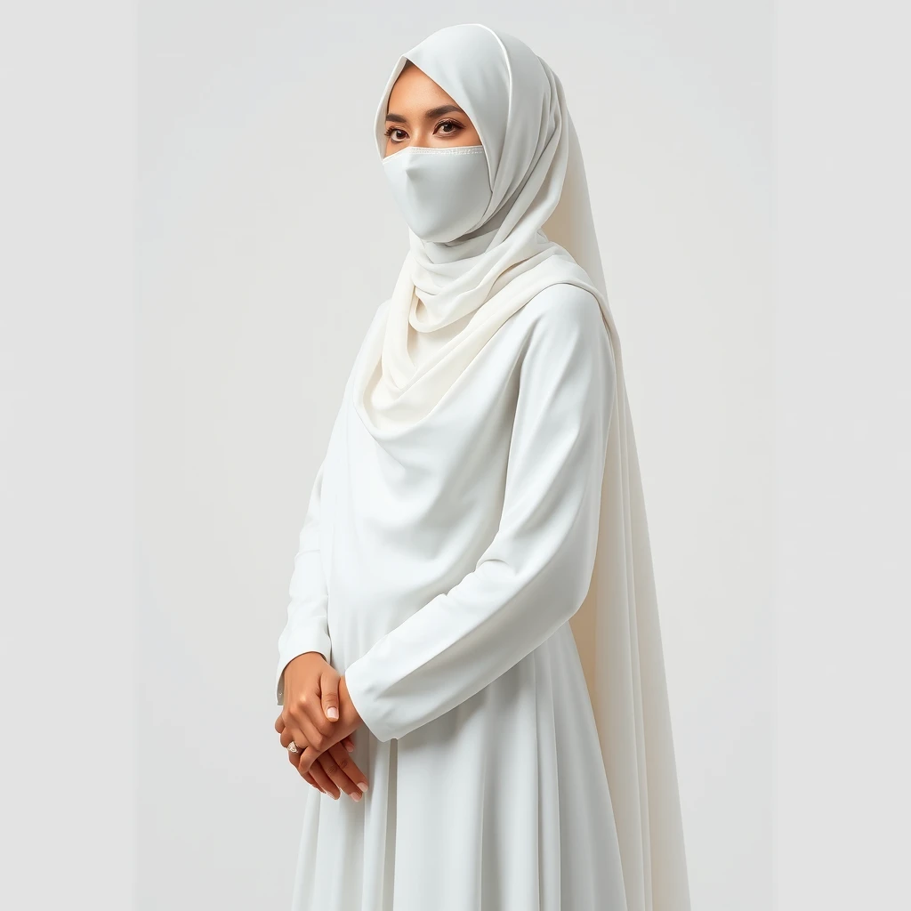 "Generate an image of a Muslim Arabic woman wearing a white niqab and a long, flowing gown. The niqab should cover her face while the gown should be elegant and modest, reflecting traditional Islamic attire. The background should be neutral or softly textured to ensure the focus remains on the woman and her attire. The lighting should be soft and even to highlight the details of the niqab and gown. 8k HD"