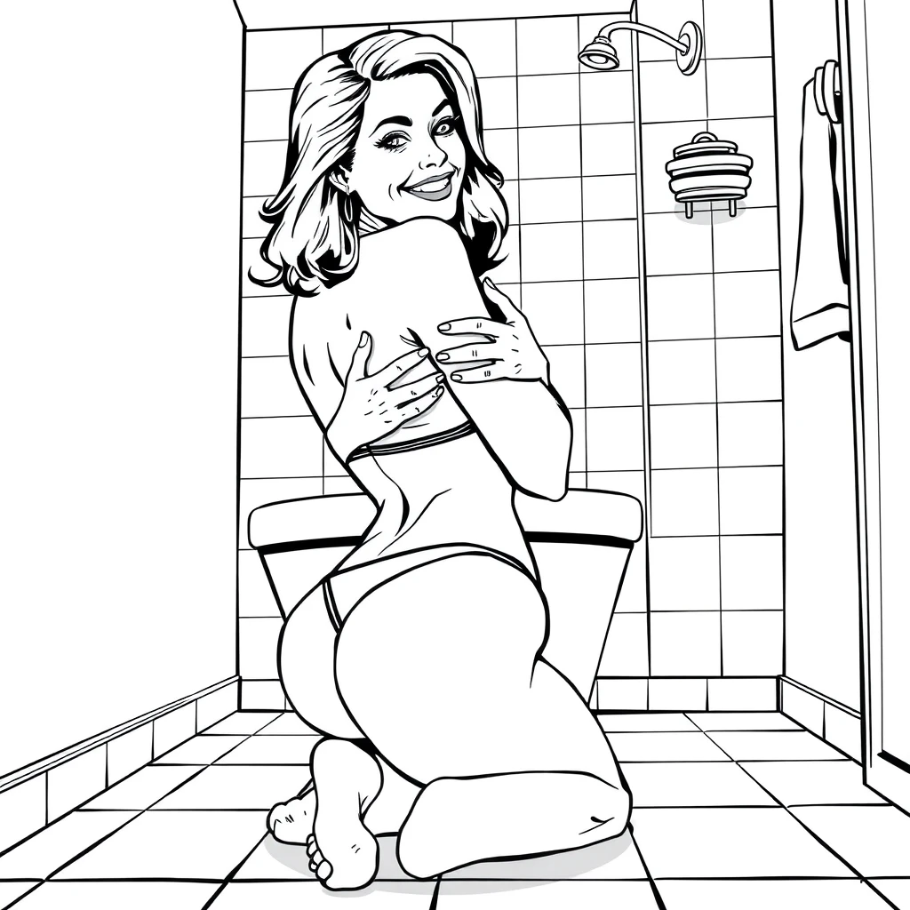 Comic line art: In the bathroom, a mature woman in swimwear has her hands on her breasts, kneels on the ground, looks back at the viewer, and smiles.