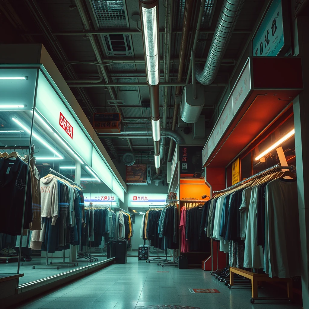 fashion shop, bright surrounding, nobody, cyberpunk, - Image